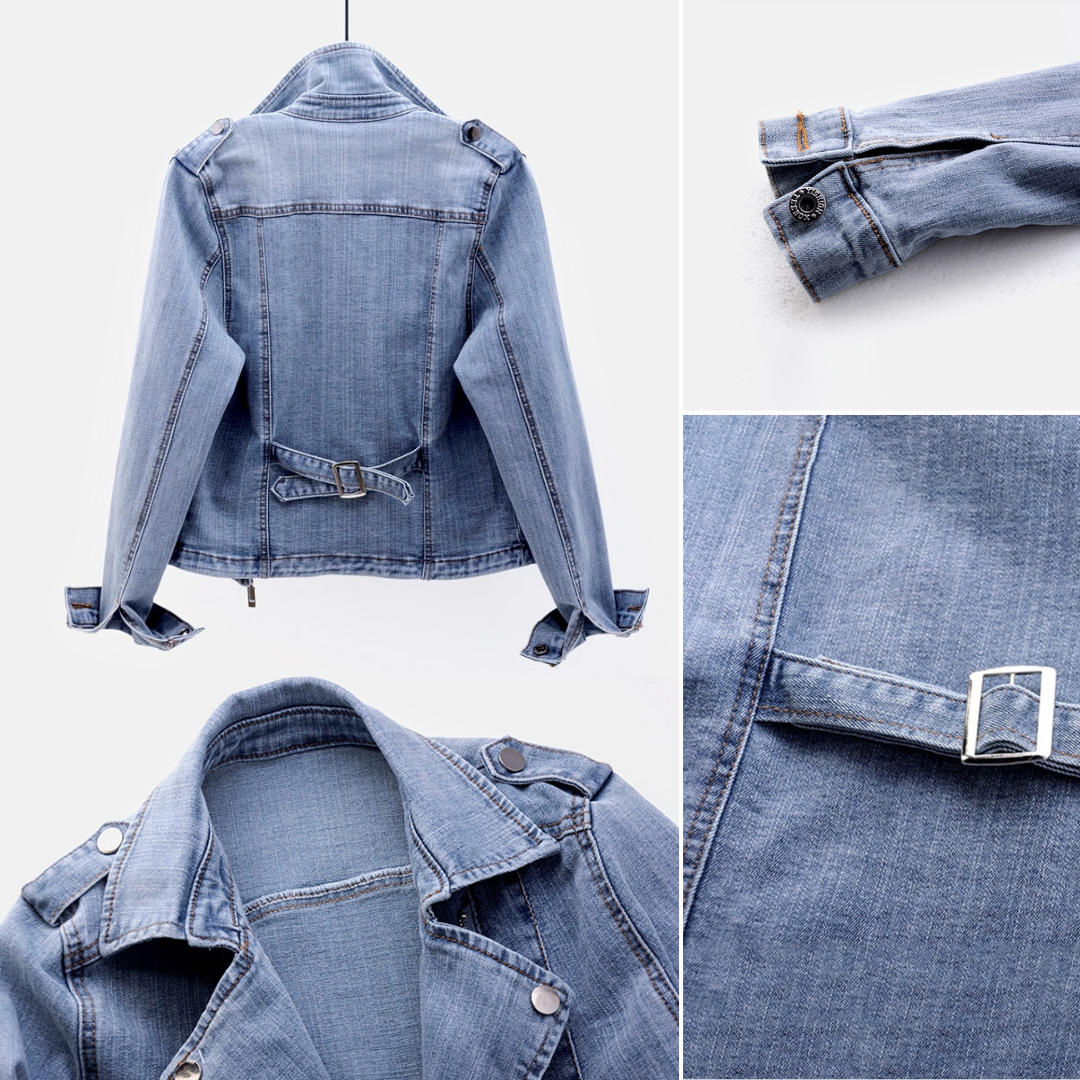 Bikerjakke i denim til damer med revers og lynlåse
