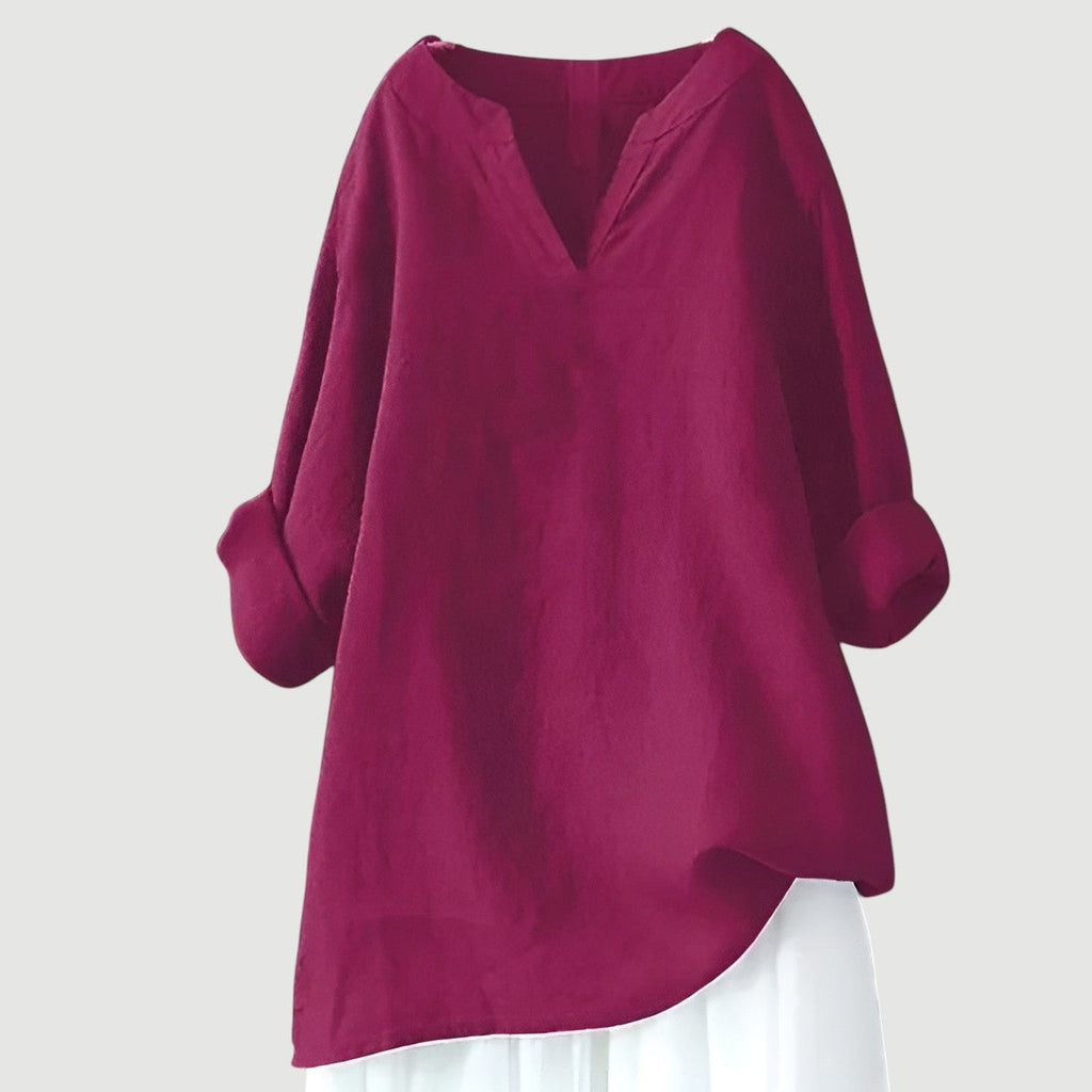 Túnica camiseira de mulher com decote em V, corte folgado