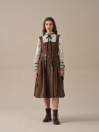 Robe midi femme marron à chevrons et boutons