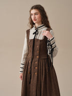 Robe midi femme marron à chevrons et boutons