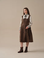 Robe midi femme marron à chevrons et boutons