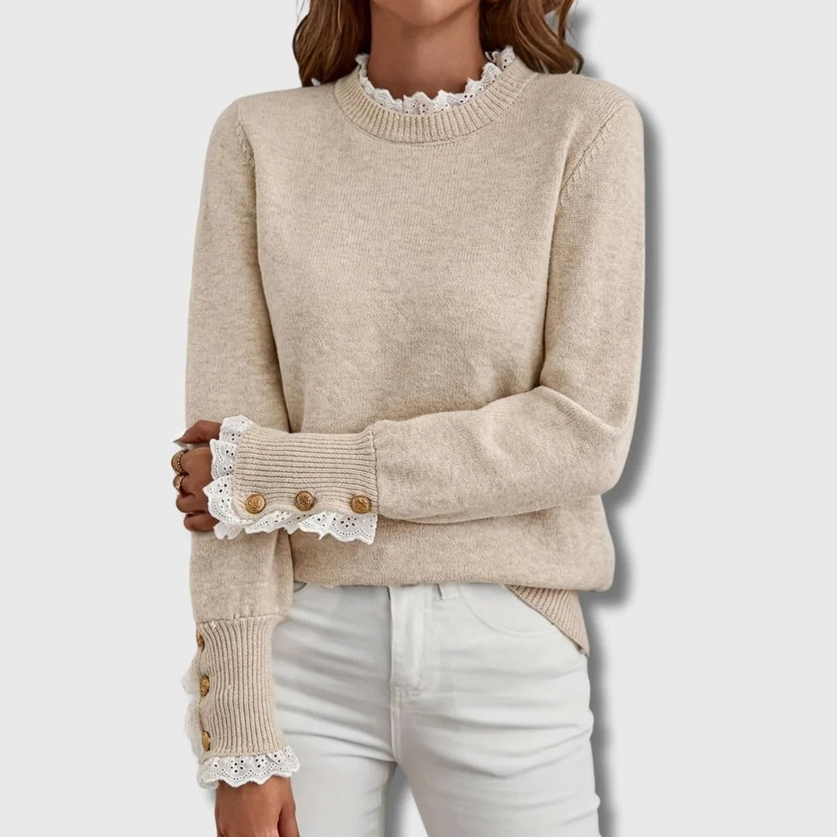 Pull en maille femme à finition dentelle, col rond