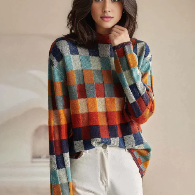 Pulover de damă cu guler pe gât în carouri multicolore