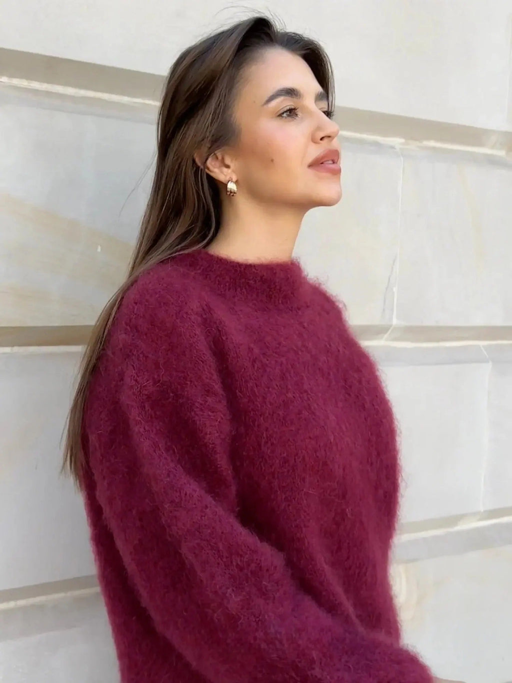 Pulover oversize de damă cu decolteu rotund și mânecă lungă