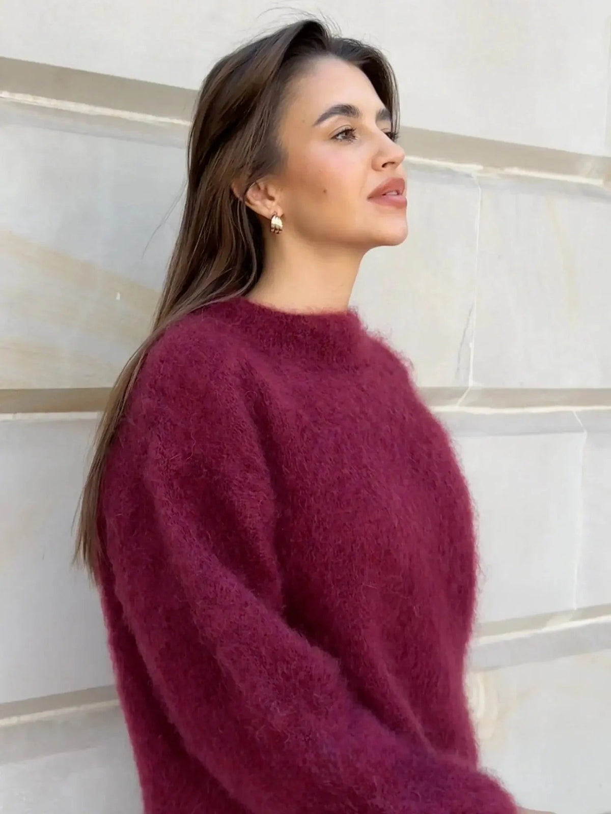 Pulover oversize de damă cu decolteu rotund și mânecă lungă