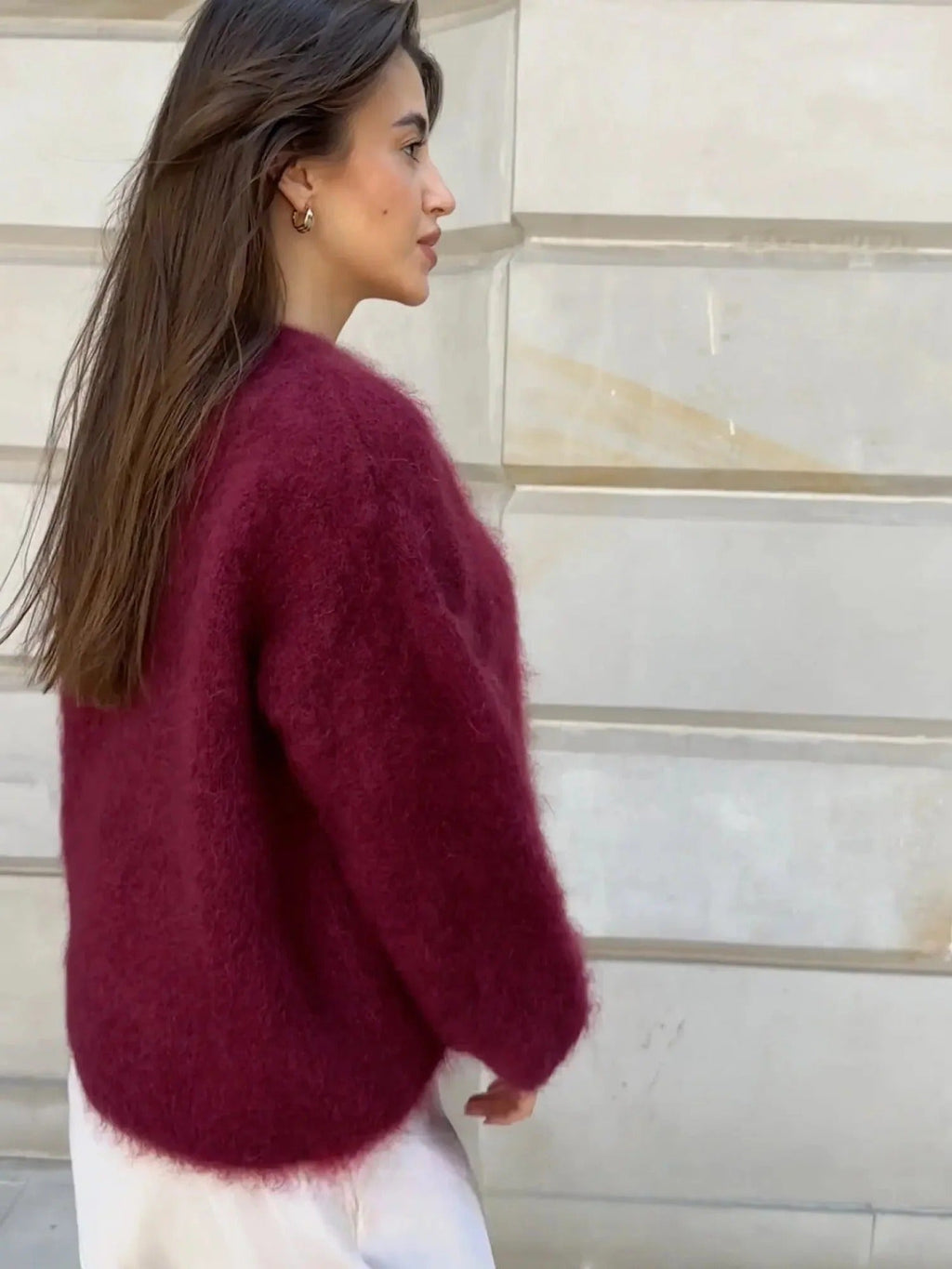 Pulover oversize de damă cu decolteu rotund și mânecă lungă