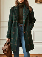 Manteau femme à carreaux mi-long, vert foncé, à boutons