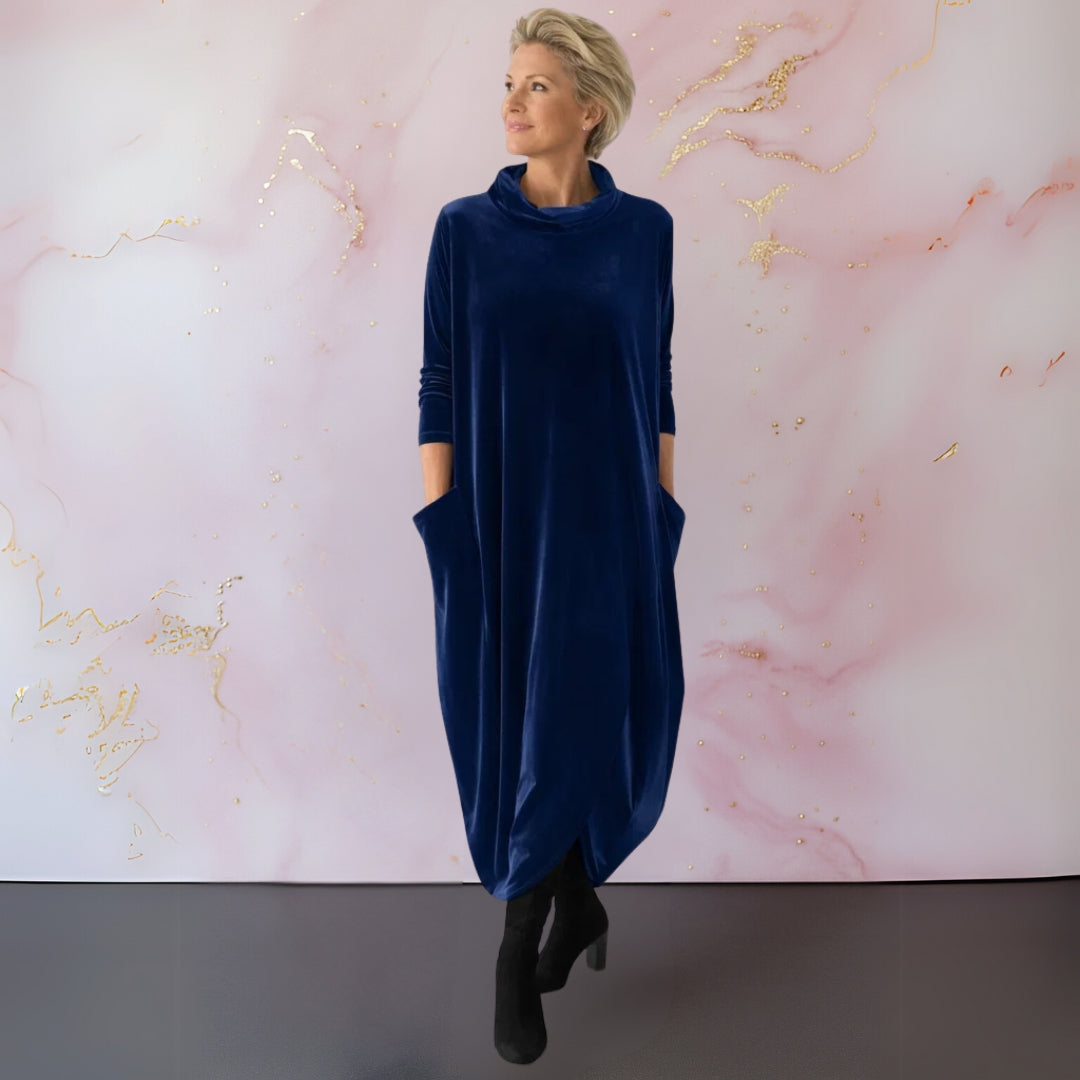 Vestito donna in velluto maxi con collo alto e tasche