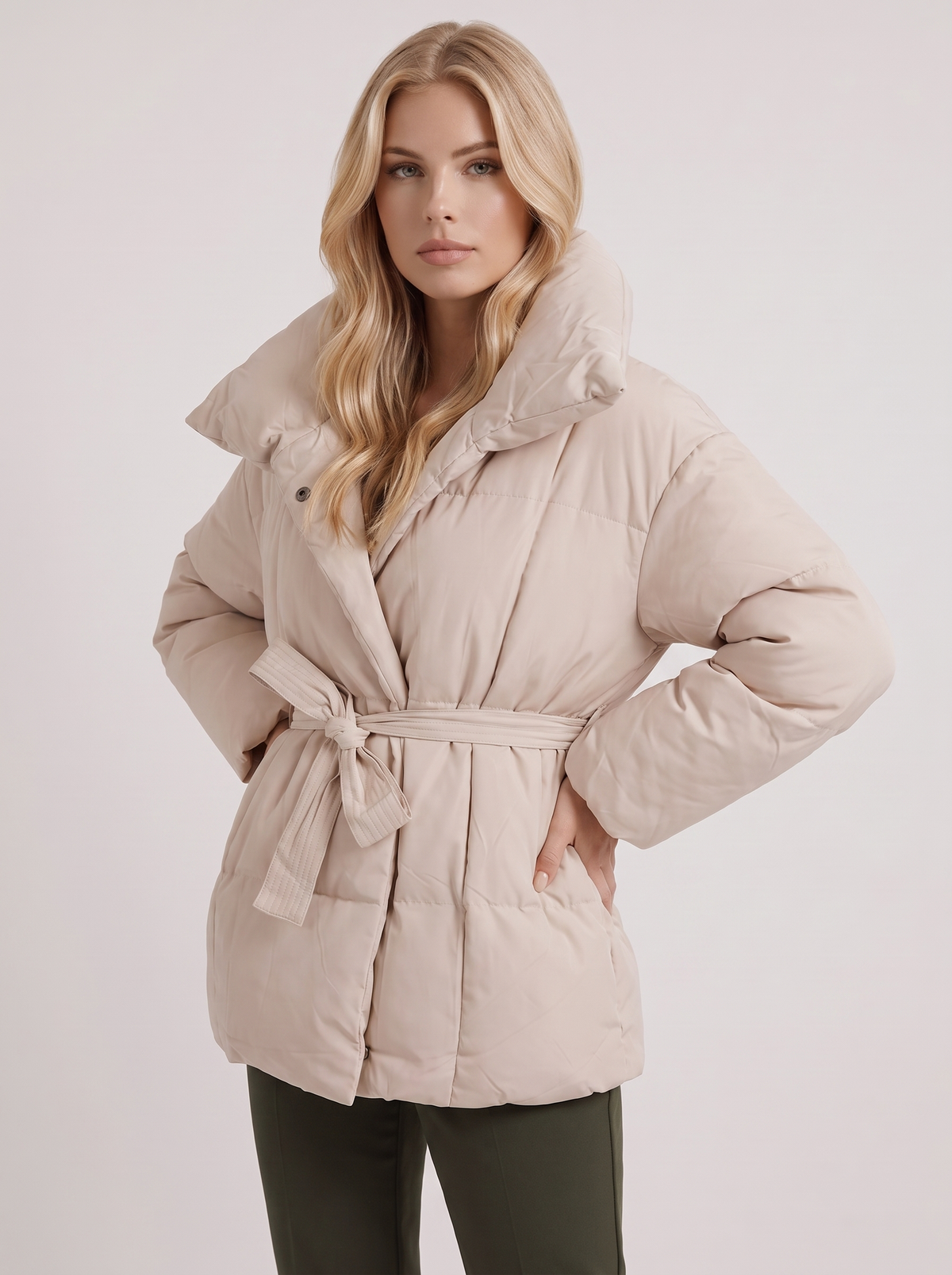 Casaco acolchoado branco de mulher com capuz e cinto