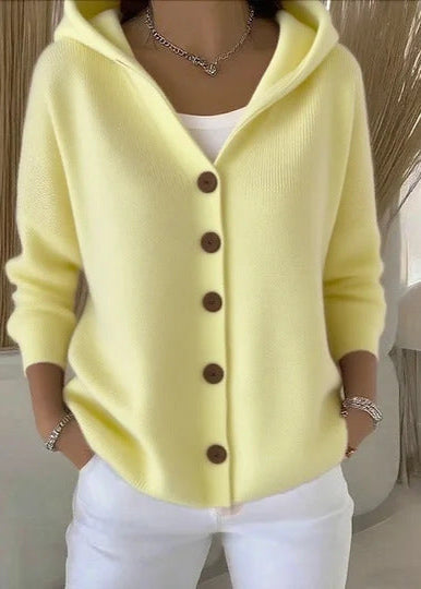 Cardigan femme à capuche et boutons, en maille, manches longues