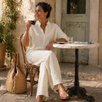 Completo donna in maglia con polo e pantaloni larghi