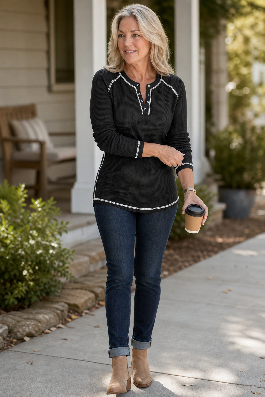 Camicetta henley donna con cuciture a contrasto