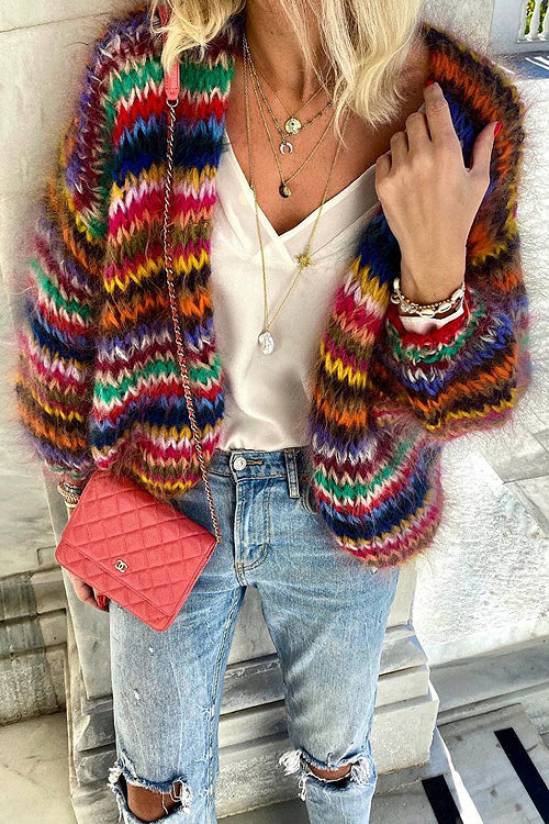Cardigan donna in maglia a righe, con maniche lunghe