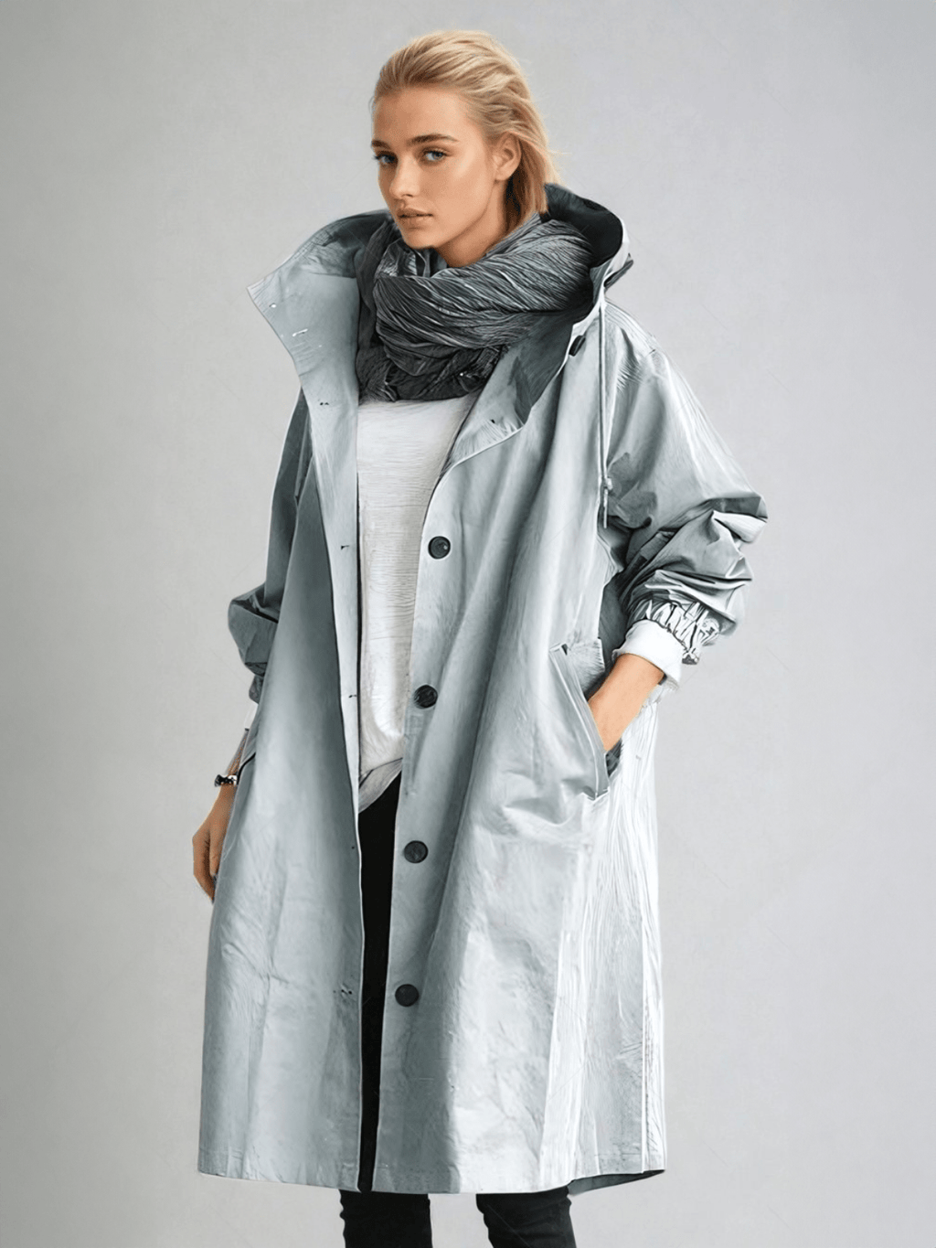 Gabardina oversize de mujer con capucha y botones