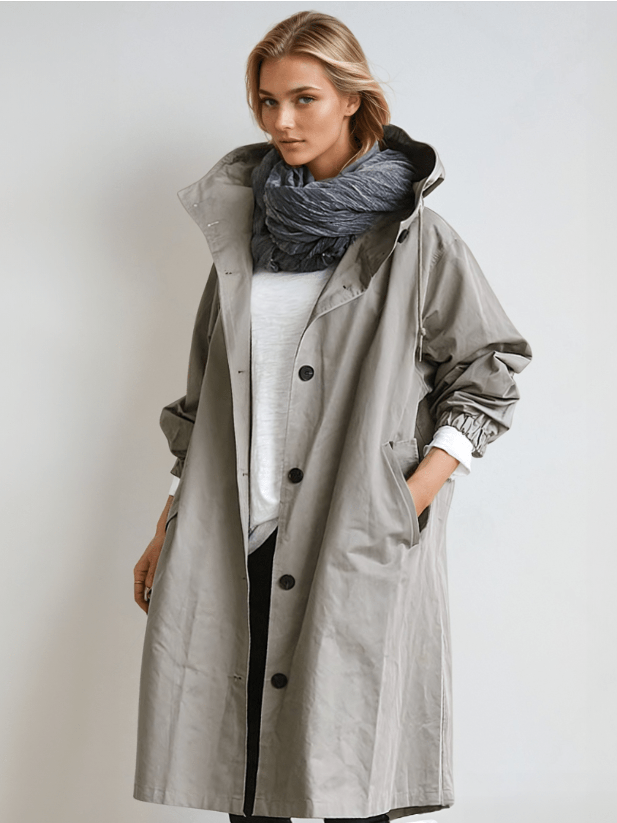 Gabardina oversize de mujer con capucha y botones
