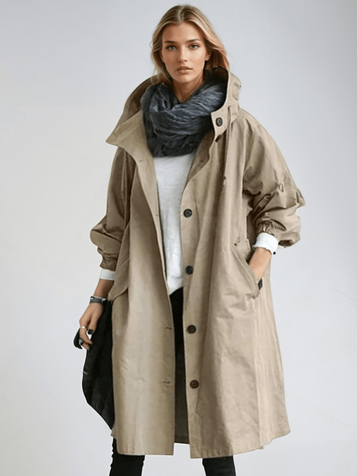 Gabardina oversize de mujer con capucha y botones