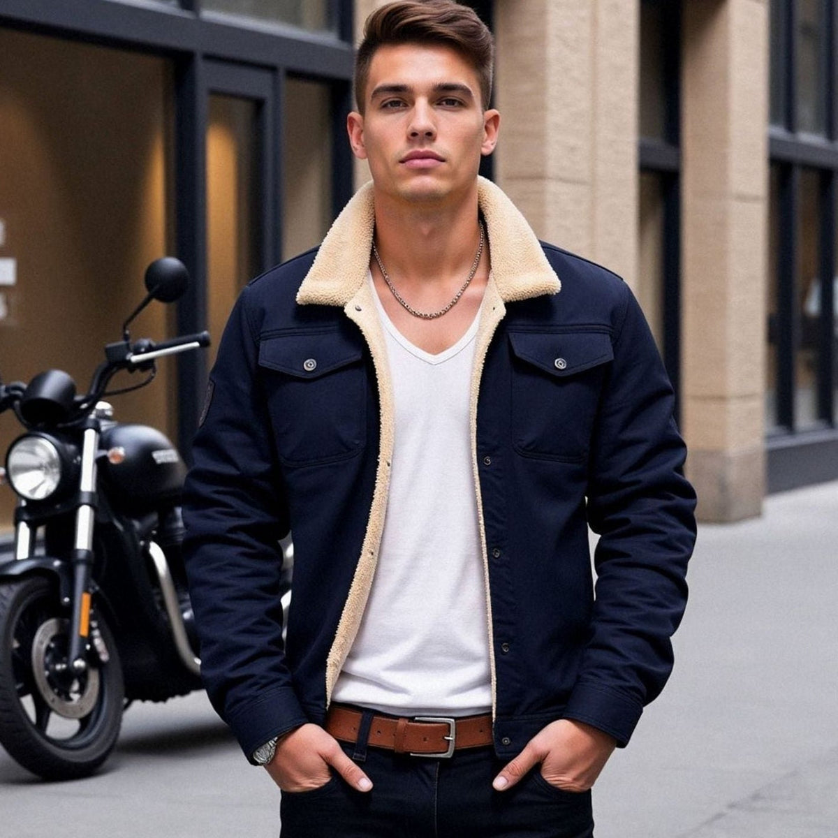 Chaqueta trucker de hombre con cuello en contraste y automáticos
