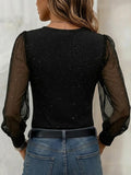 Camicetta donna a portafoglio con glitter, scollo a V, manica lunga