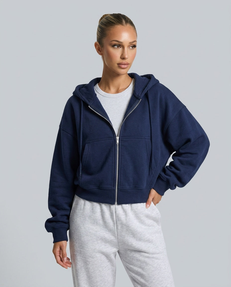Felpa donna corta con cappuccio, cerniera e tasche