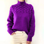 Pull femme à col roulé, torsades et manches longues