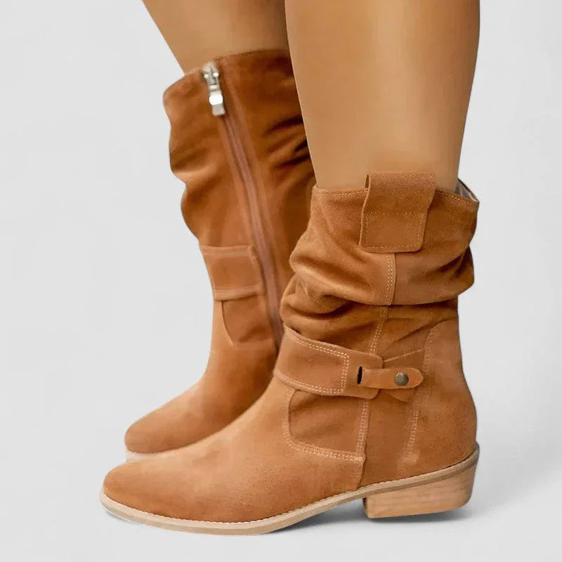 Stivali cowboy donna con tomaia arricciata e tacco basso