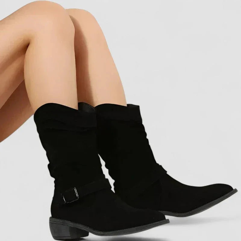 Stivali cowboy donna con tomaia arricciata e tacco basso