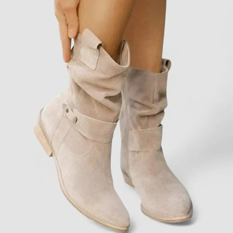 Stivali cowboy donna con tomaia arricciata e tacco basso