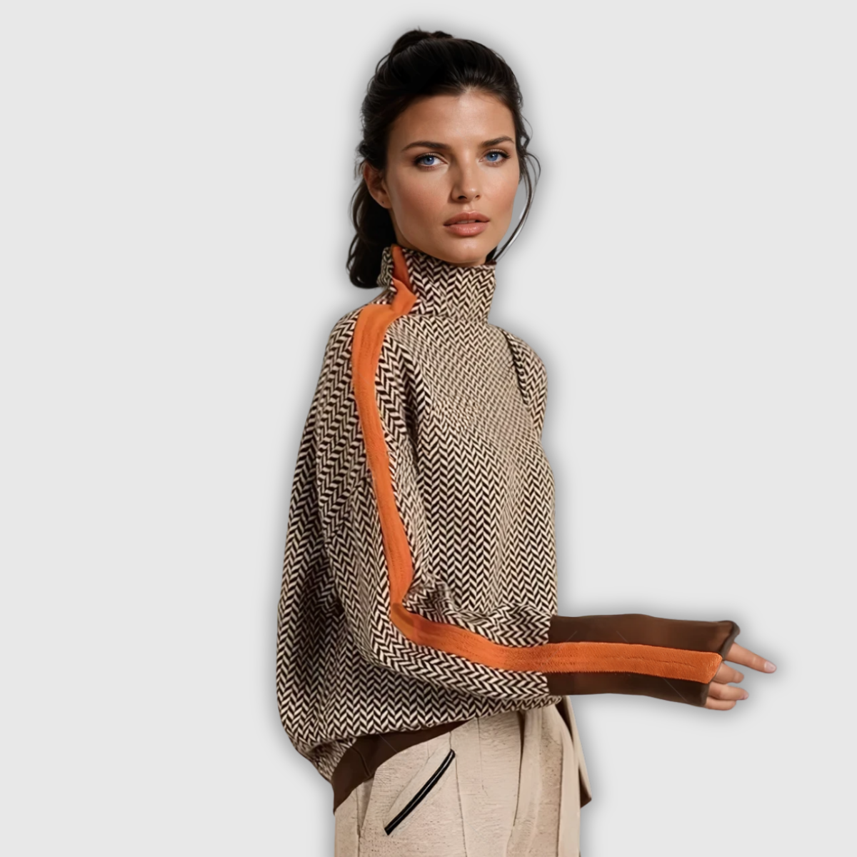Damski sweter w jodełkę z golfem, długimi rękawami i kontrastowymi detalami