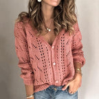 Cardigan donna traforato con scollo a V, maniche lunghe, bottoni