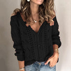 Cardigan donna traforato con scollo a V, maniche lunghe, bottoni