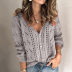 Cardigan donna traforato con scollo a V, maniche lunghe, bottoni