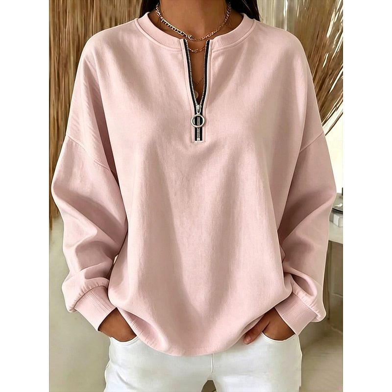Løstsiddende sweatshirt til damer med høj krave og kort lynlås