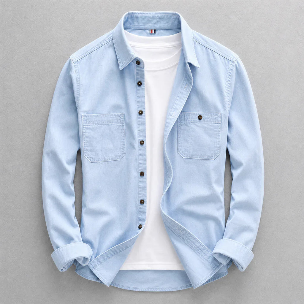 Cămașă bărbătească din denim cu mânecă lungă și buzunare