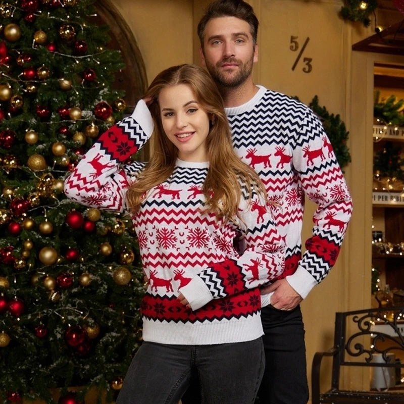 Świąteczny sweter unisex z reniferami, śnieżynkami i wzorem zygzaków