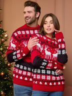 Świąteczny sweter unisex z reniferami, śnieżynkami i wzorem zygzaków