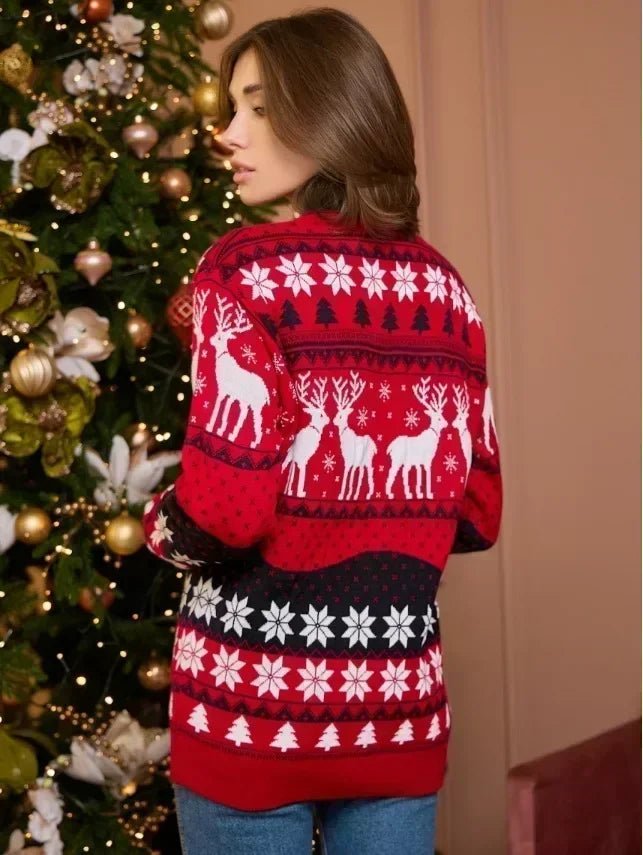 Świąteczny sweter unisex z reniferami, śnieżynkami i wzorem zygzaków