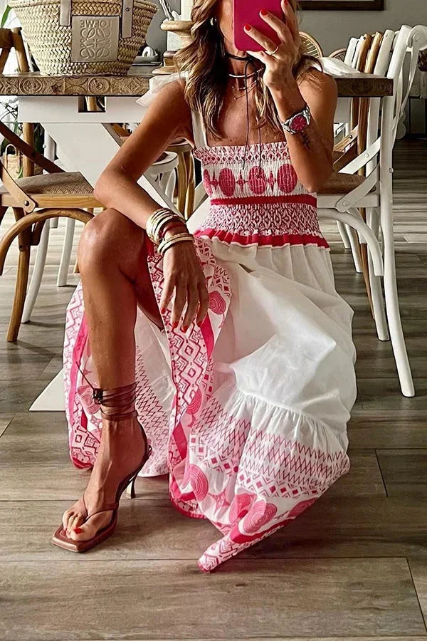 Damska Sukienka Maxi z Marszczeniem — Kwadratowy Dekolt, Bawełna na Lato