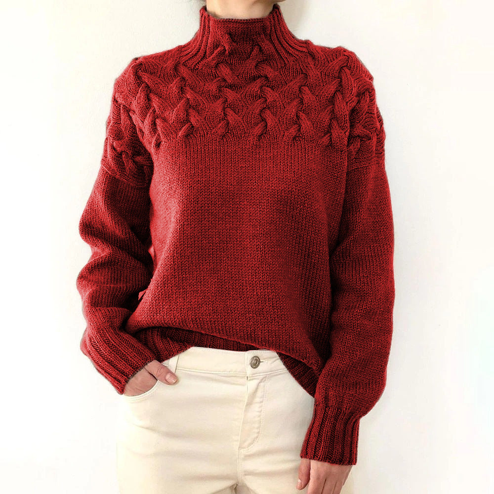 Pull femme à col roulé, torsades et manches longues