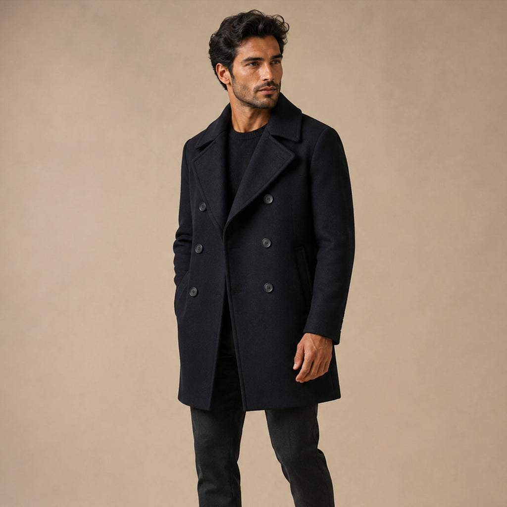 Manteau d'hiver homme croisé à revers, noir