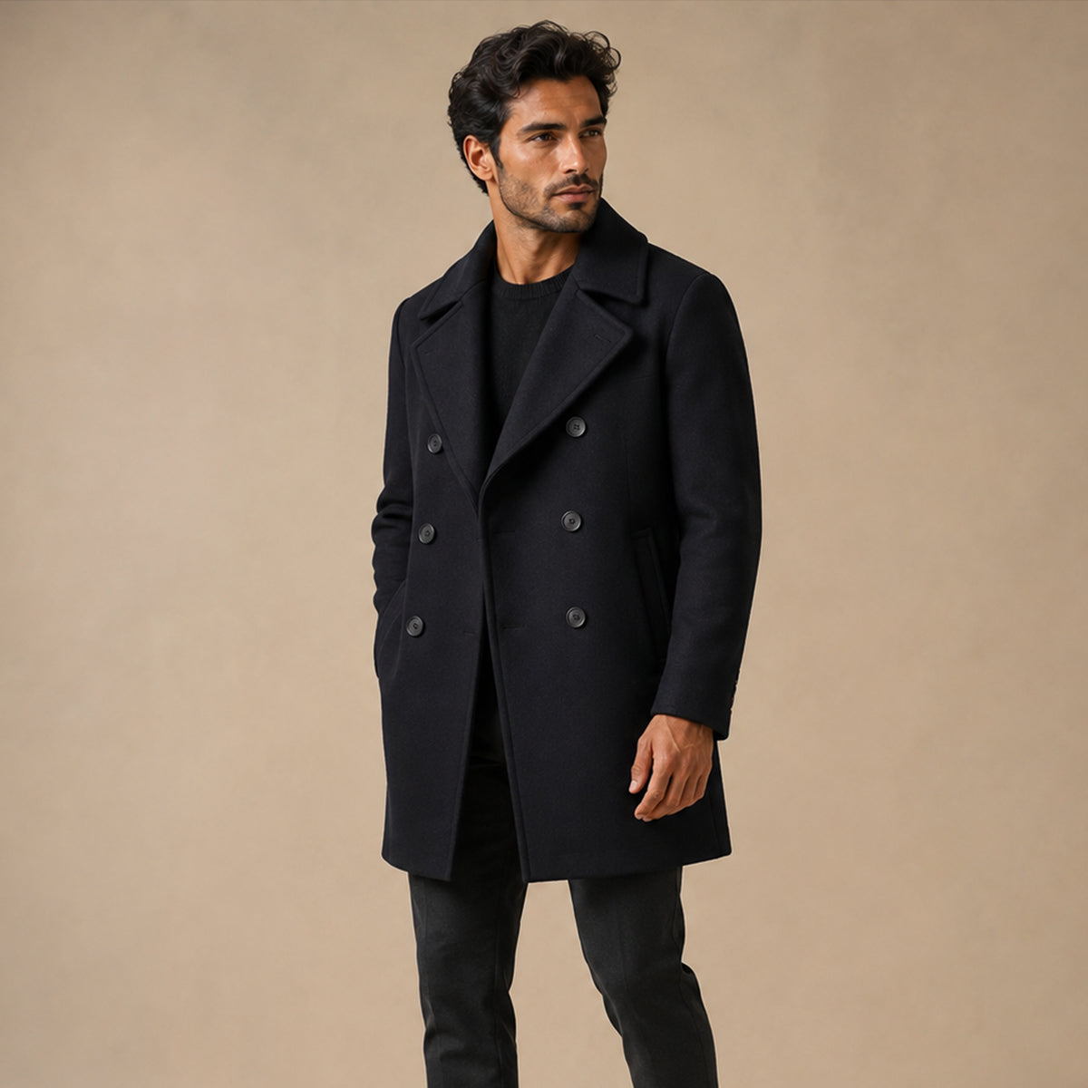 Manteau d'hiver homme croisé à revers, noir