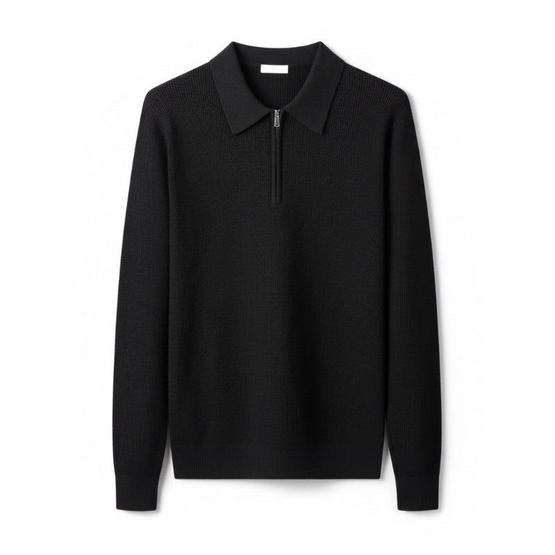 Sweater til mænd i strik med polokrave og lynlås