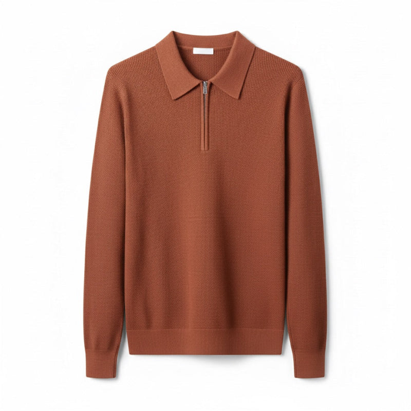 Sweater til mænd i strik med polokrave og lynlås