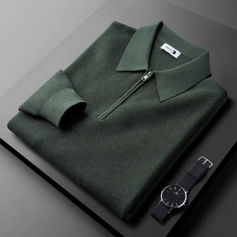 Sweater til mænd i strik med polokrave og lynlås
