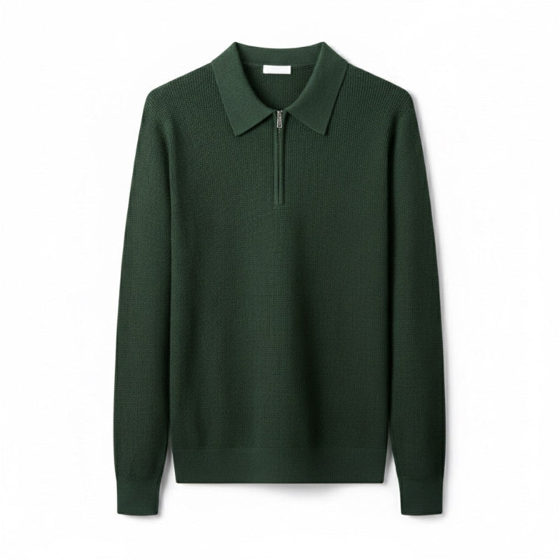 Sweater til mænd i strik med polokrave og lynlås