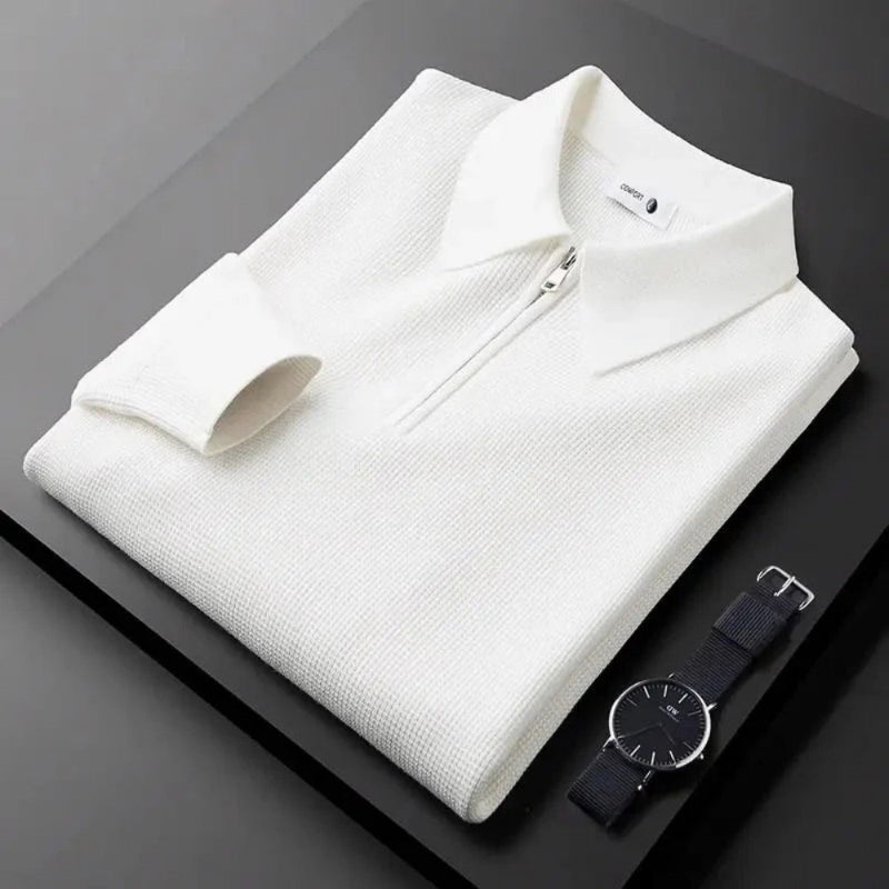Sweater til mænd i strik med polokrave og lynlås