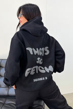 Felpa donna con cappuccio, nera, stampa sulla schiena