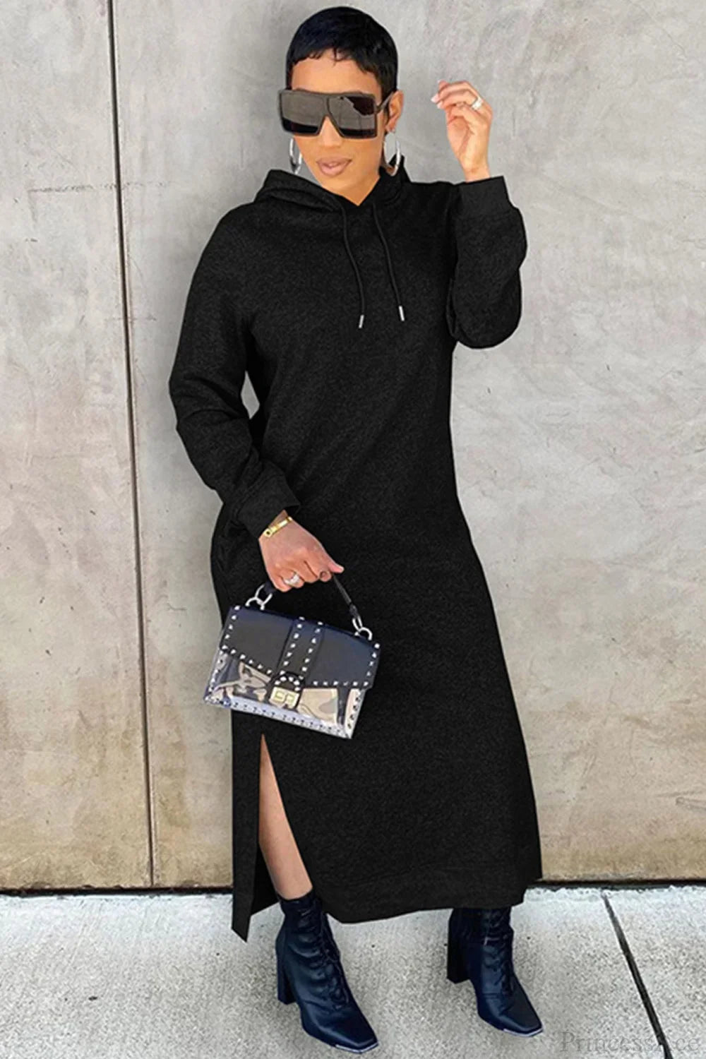 Rochie midi de damă cu glugă și crăpătură