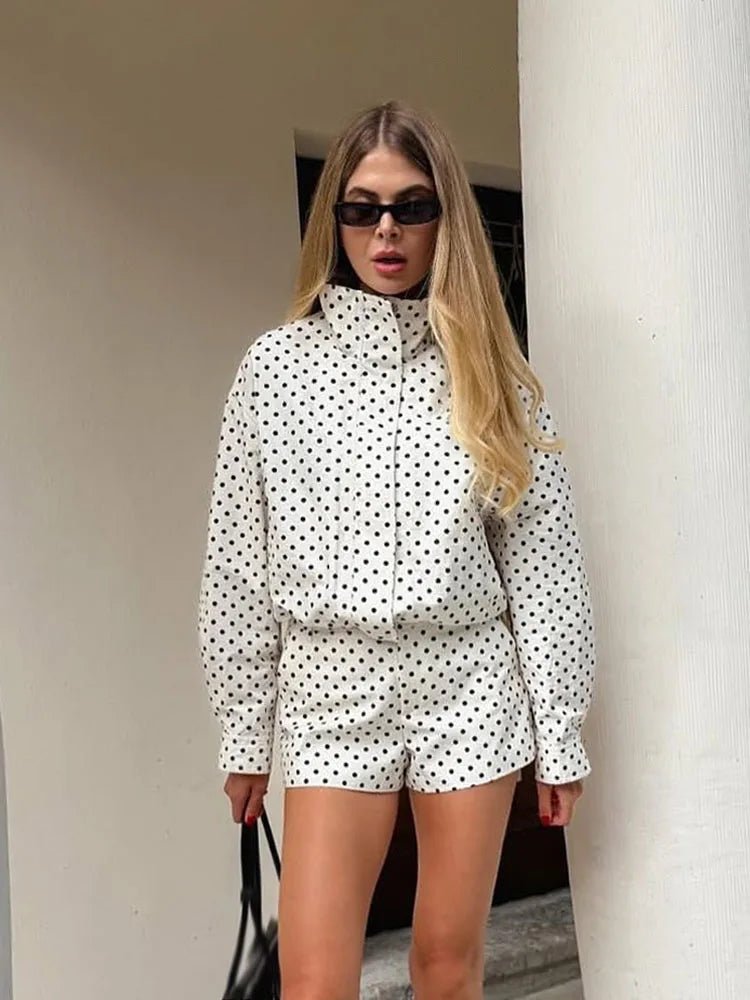 Veste femme à pois, courte, à col montant et zip