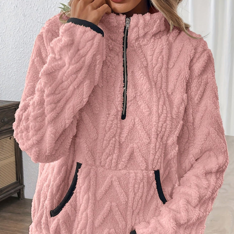 Sweatshirt til damer i lyserød med luftig struktur, halv lynlås og lomme