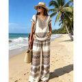 Conjunto boho de mujer de dos piezas con blusa de escote en V y pantalones anchos